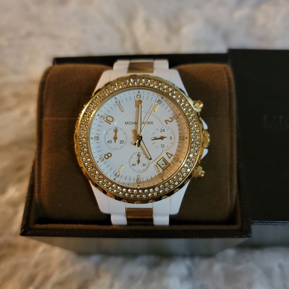 Michael Kors White and Gold Crystal Bezel Chronograph Watch
